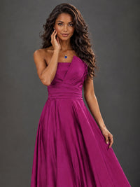 Draped Satin Prom Dress Strapless A-line Formal Dress Floor Length