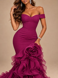 Dusty Blue Off-the-Shoulder Mermaid Prom Dress with 3D Rose & Ruffles