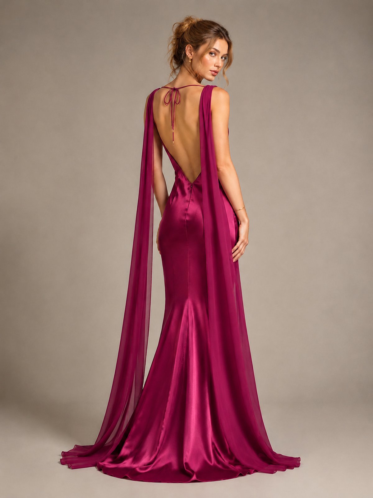 Burgundy Satin Mermaid Cape Maxi Dress