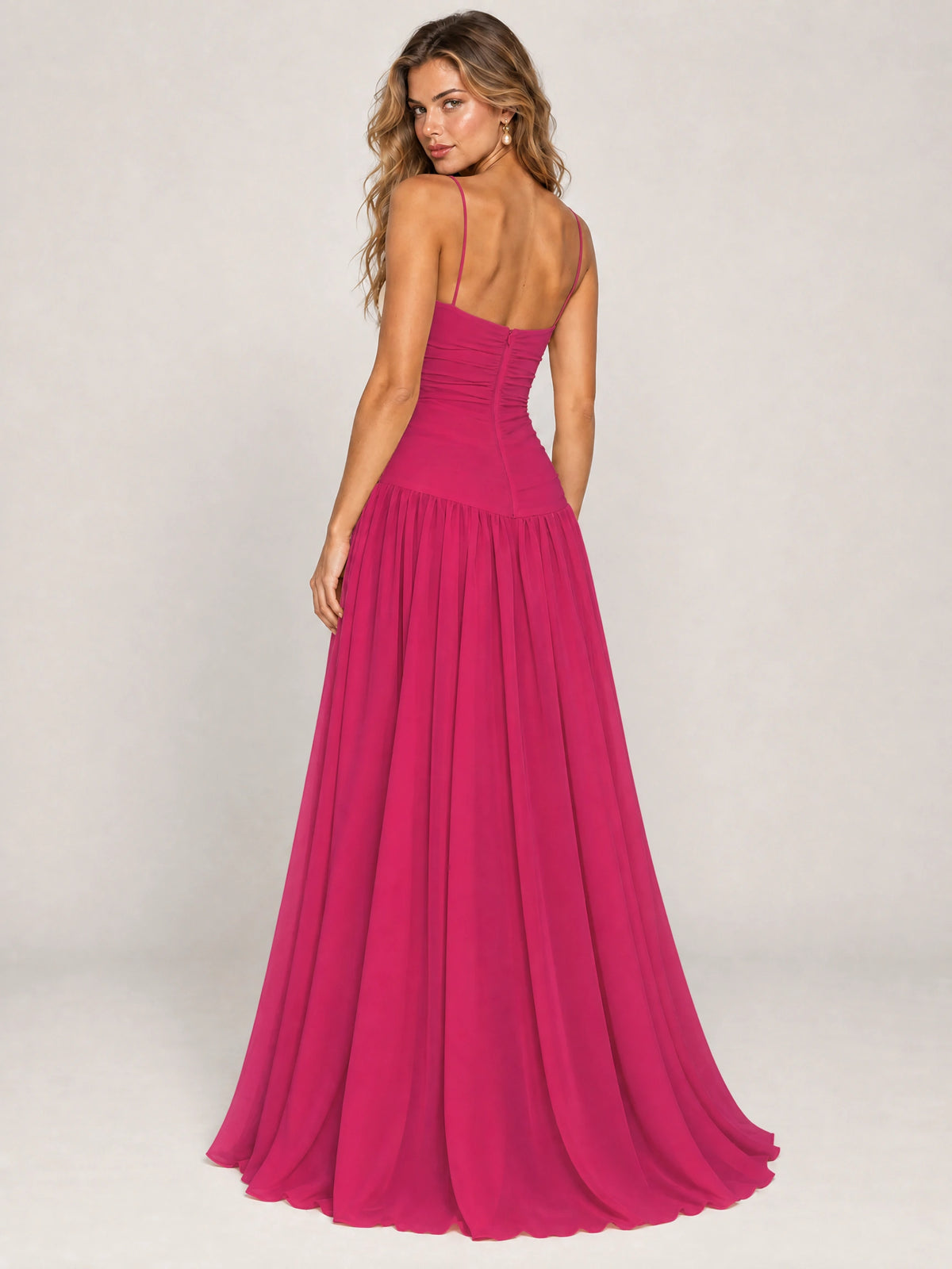 Butter Yellow Ruched Spaghetti Strap Drop-Waist Prom Dress