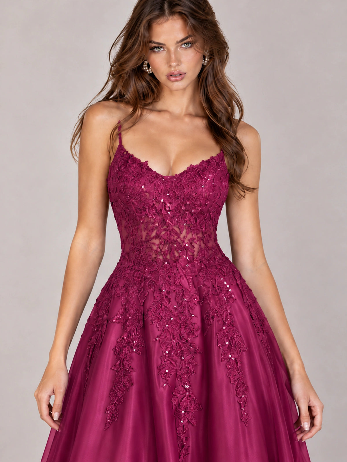 Lace Applique Satin A-Line Prom Dress with Sheer Bodice