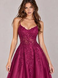 Lace Applique Satin A-Line Prom Dress with Sheer Bodice