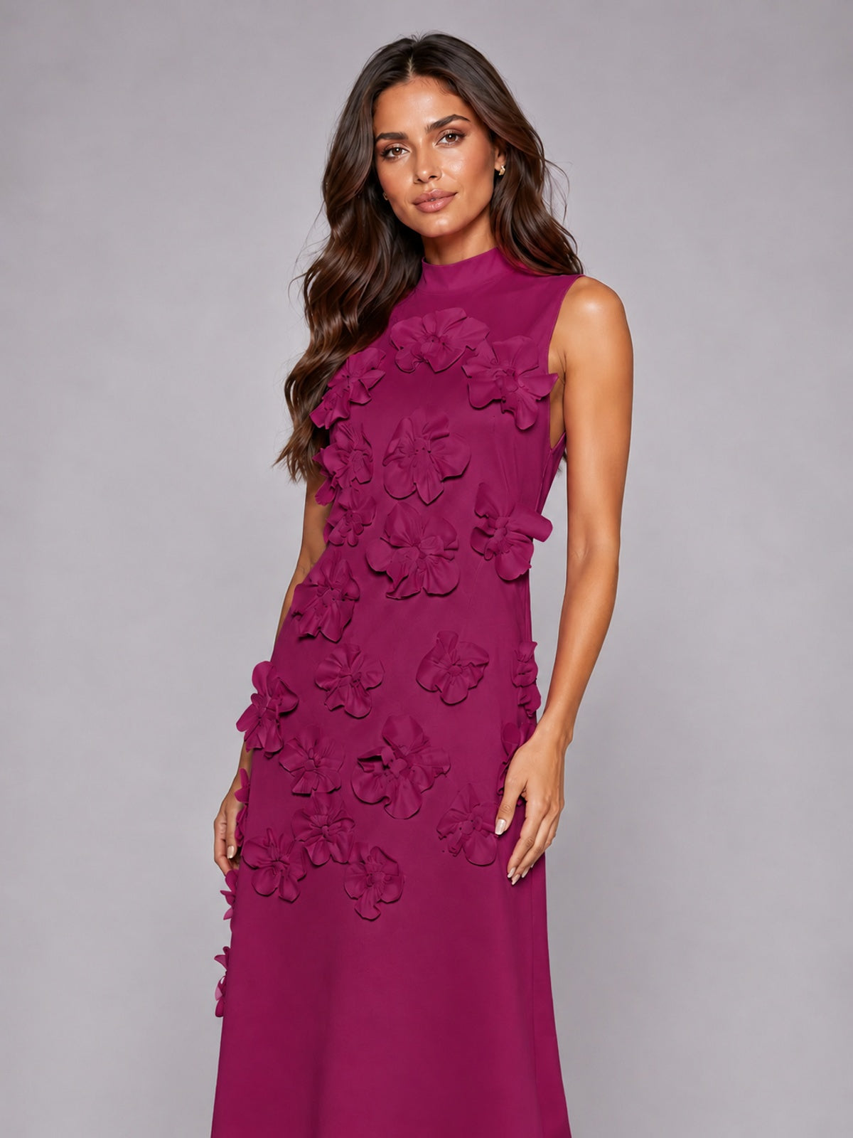 3D Floral Applique High Neck Prom Maxi Dress