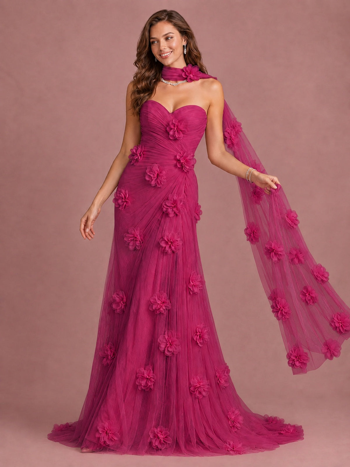Blush Pink Strapless Sweetheart 3D Floral Tulle Mermaid Prom Dress