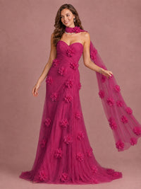 Blush Pink Strapless Sweetheart 3D Floral Tulle Mermaid Prom Dress