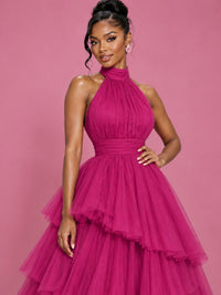 Hot Pink Tulle Halter Neck Tiered Ruffle Maxi Dress
