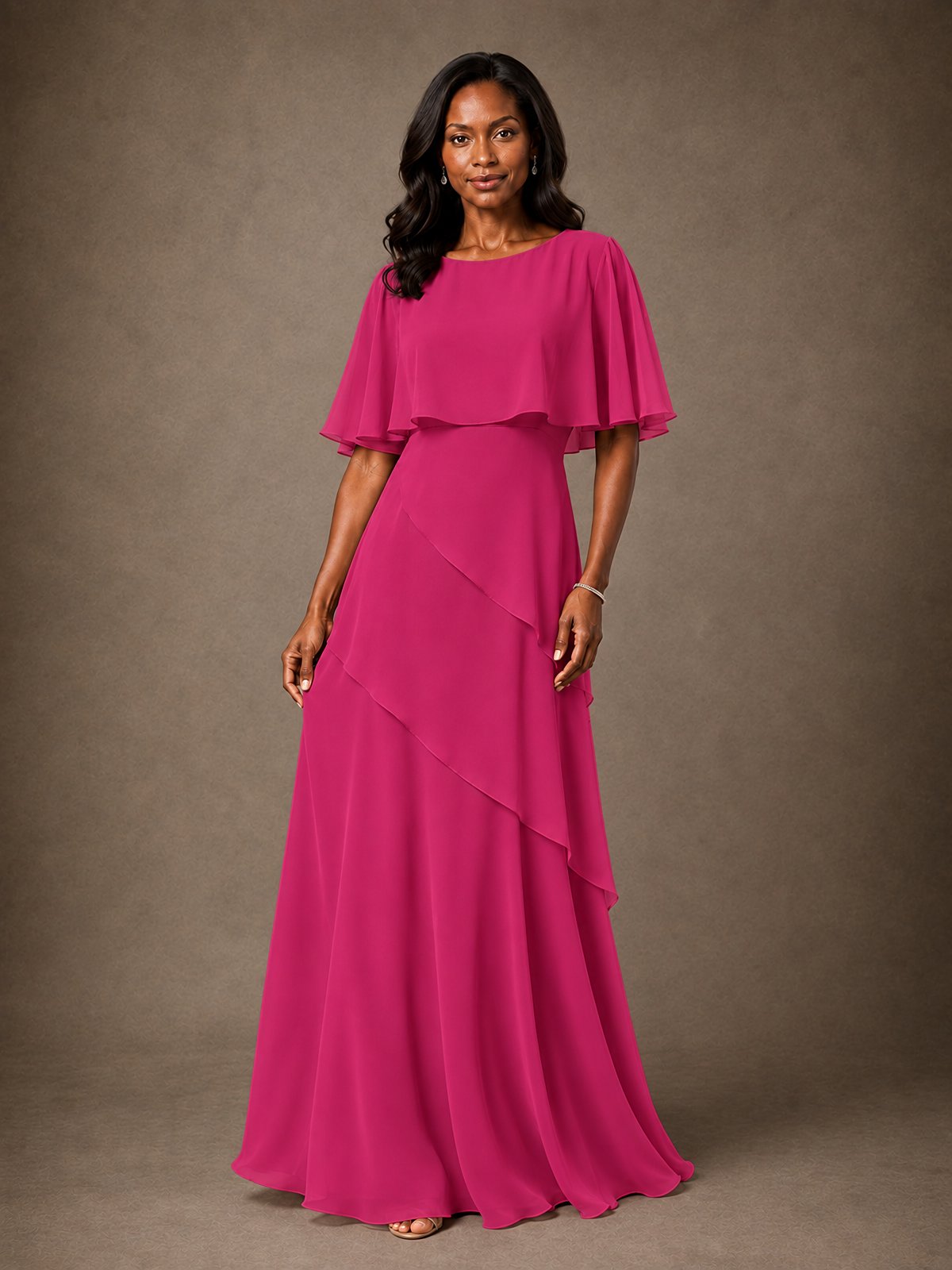 Taupe Chiffon A-Line Mother of the Bride Dress with Cape Sleeves