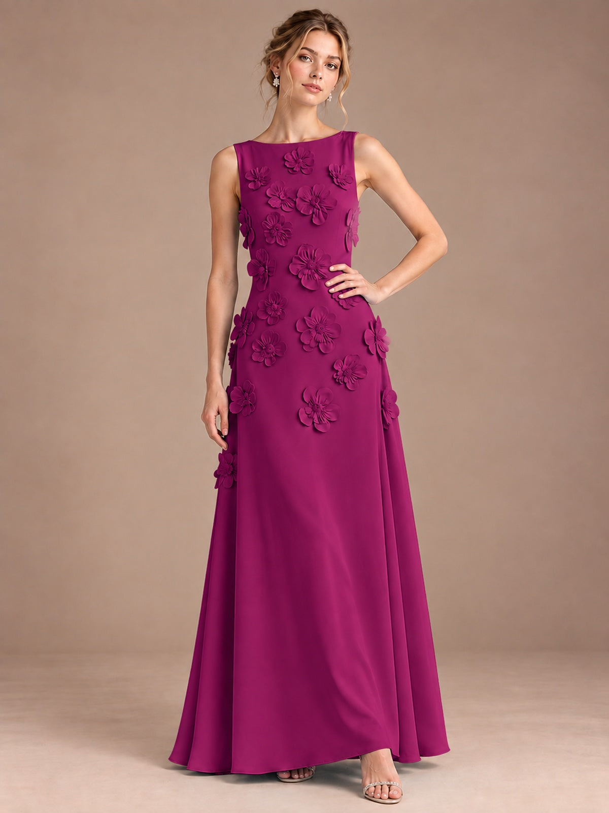 3D Floral Applique Sleeveless Formal Maxi Dress