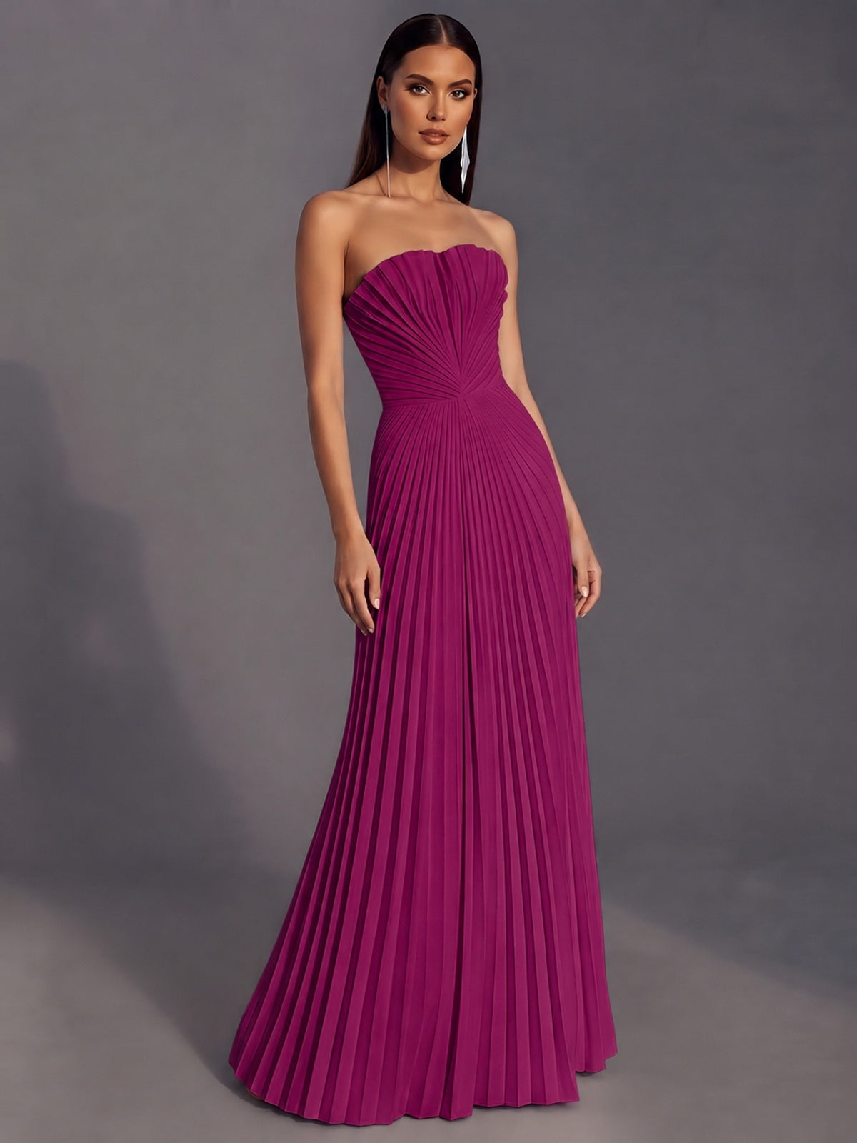 Strapless A-line Long Pleated Satin Prom Dress