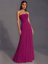 Strapless A-line Long Pleated Satin Prom Dress