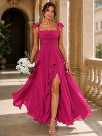 Ruffle Slit Chiffon A Line Scoop Neck Bridesmaid Dresses with Pockets