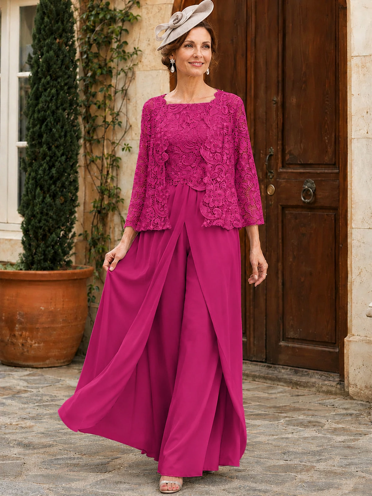 Elegant 3-Piece Chiffon Mother of the Bride Pantsuit with Floral Applique Jacket