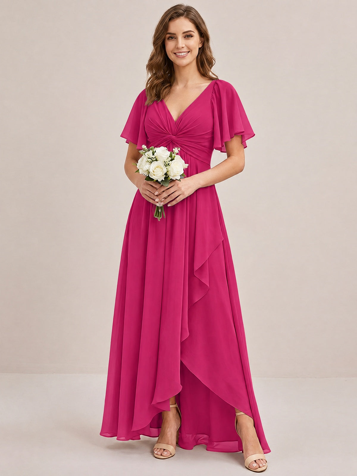 Dusty Blue Chiffon Bridesmaid Dress with Flutter Sleeves & High-Low Hem