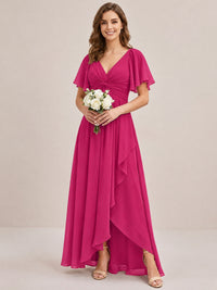 Dusty Blue Chiffon Bridesmaid Dress with Flutter Sleeves & High-Low Hem