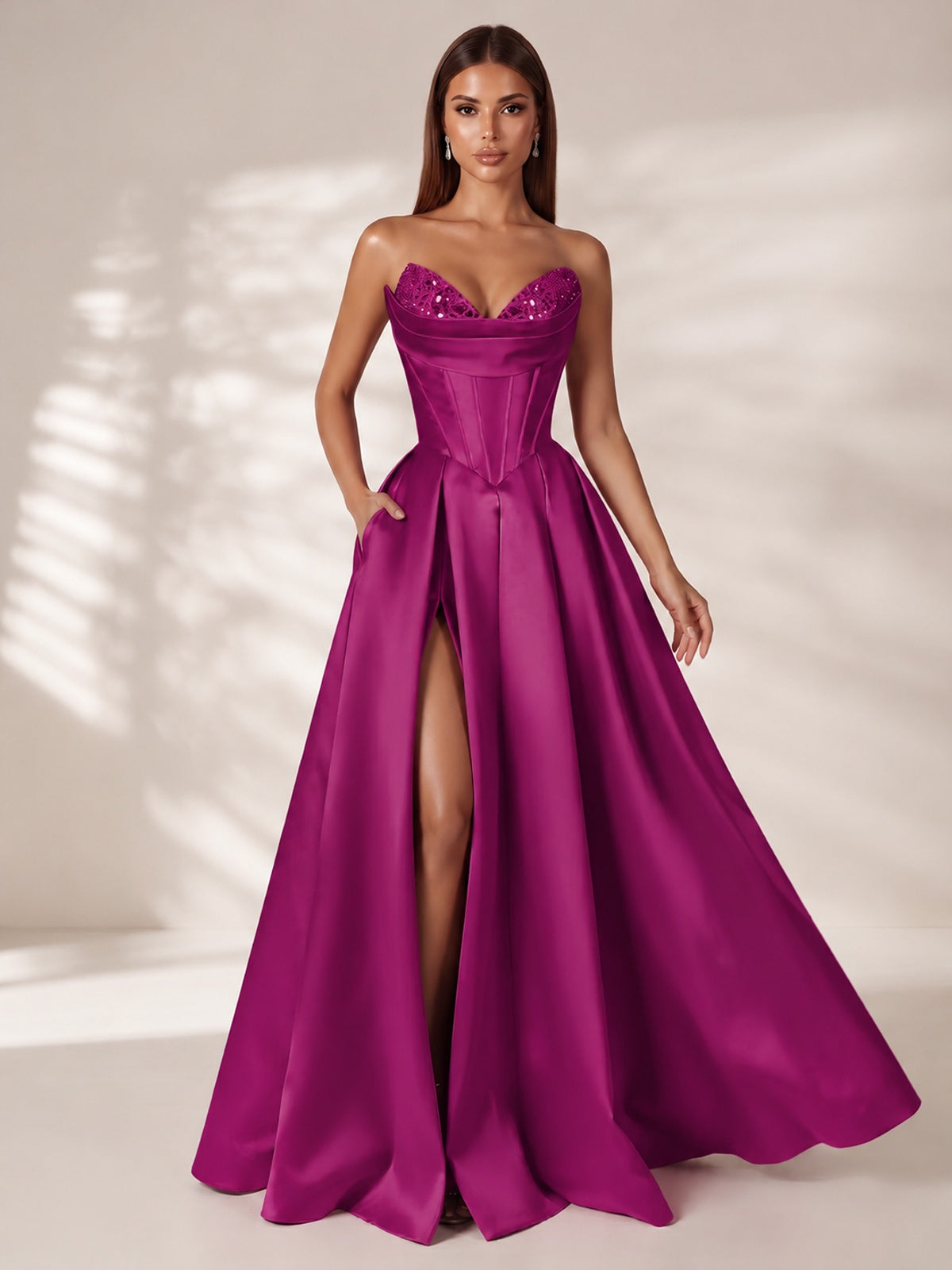 Strapless Corset Satin Prom Dress Long Evening Gown with High Slit