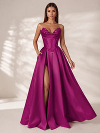 Strapless Corset Satin Prom Dress Long Evening Gown with High Slit
