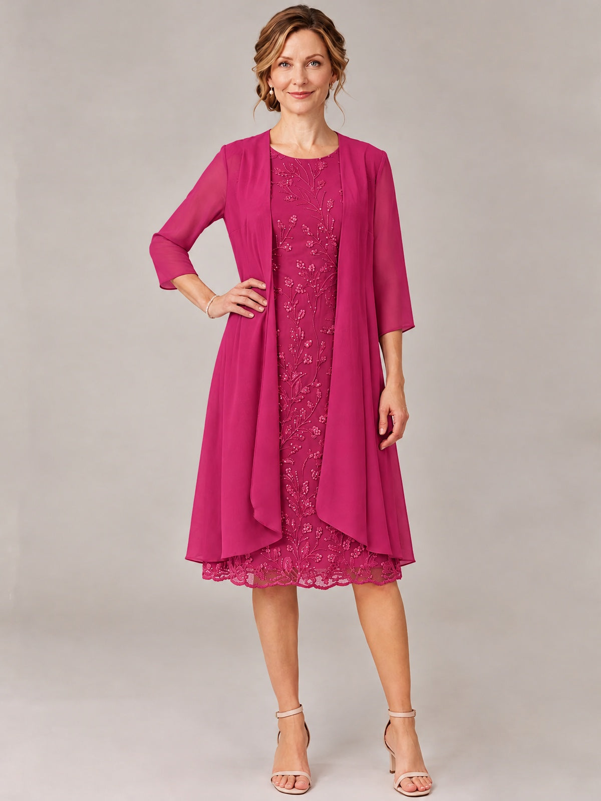 Tea Length Sequin Lace Mother of The Bride Dress with Chiffon Jacket