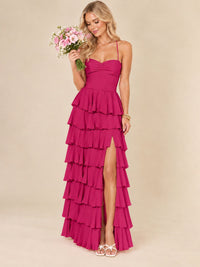 Ruffled Tiered Chiffon Prom Dress Spaghetti Straps Formal Maxi Dress with Slit