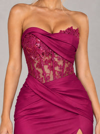 Strapless Satin Prom Dress with Sheer Lace Corset & High Slit