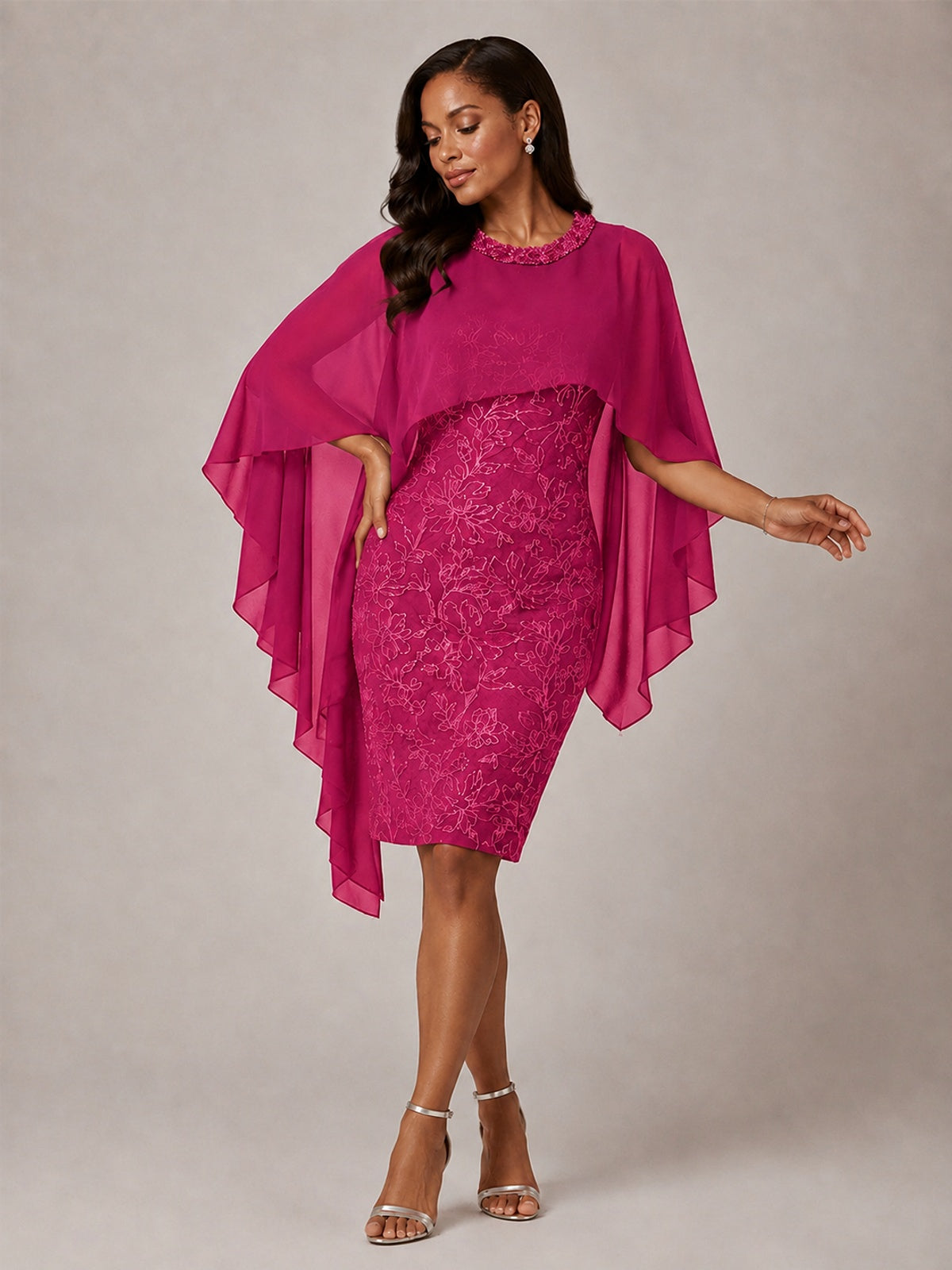 Floral Sheath Mother of the Bride Dress with Cape Overlay
