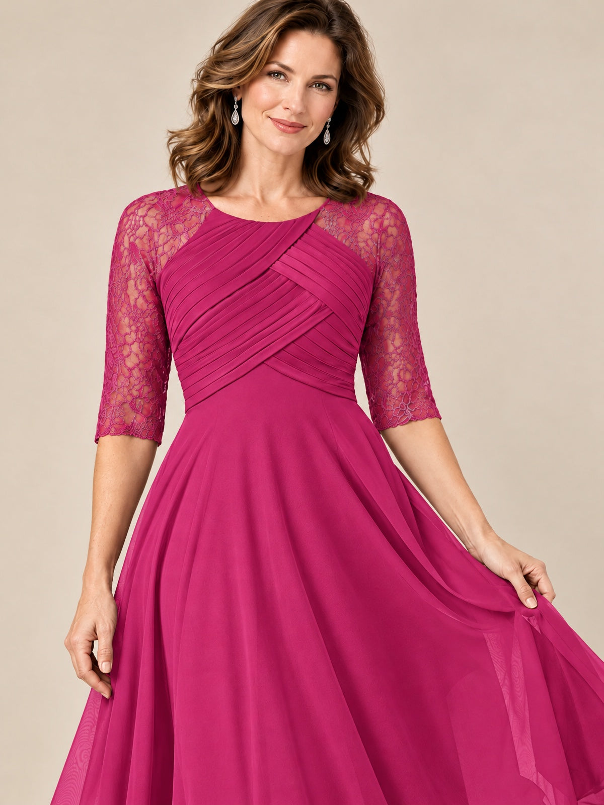 Tea-Length Mother of the Bride Dress with Lace 3/4 Sleeves