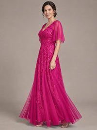 V-Neck Sequin Tulle Mother of the Bride Dress with Flutter Sleeve