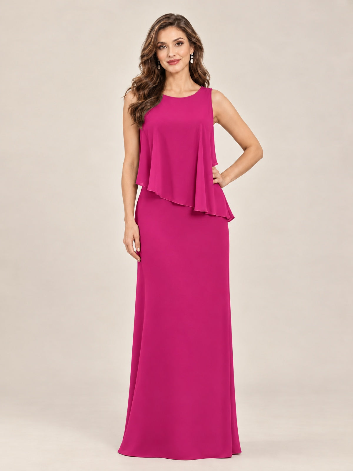 Cape Sleeve Mother of the Bride Dress with Asymmetrical Overlay
