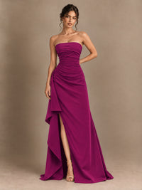 Black and White Strapless Ruched Prom Dress with High Slit & Side Drape