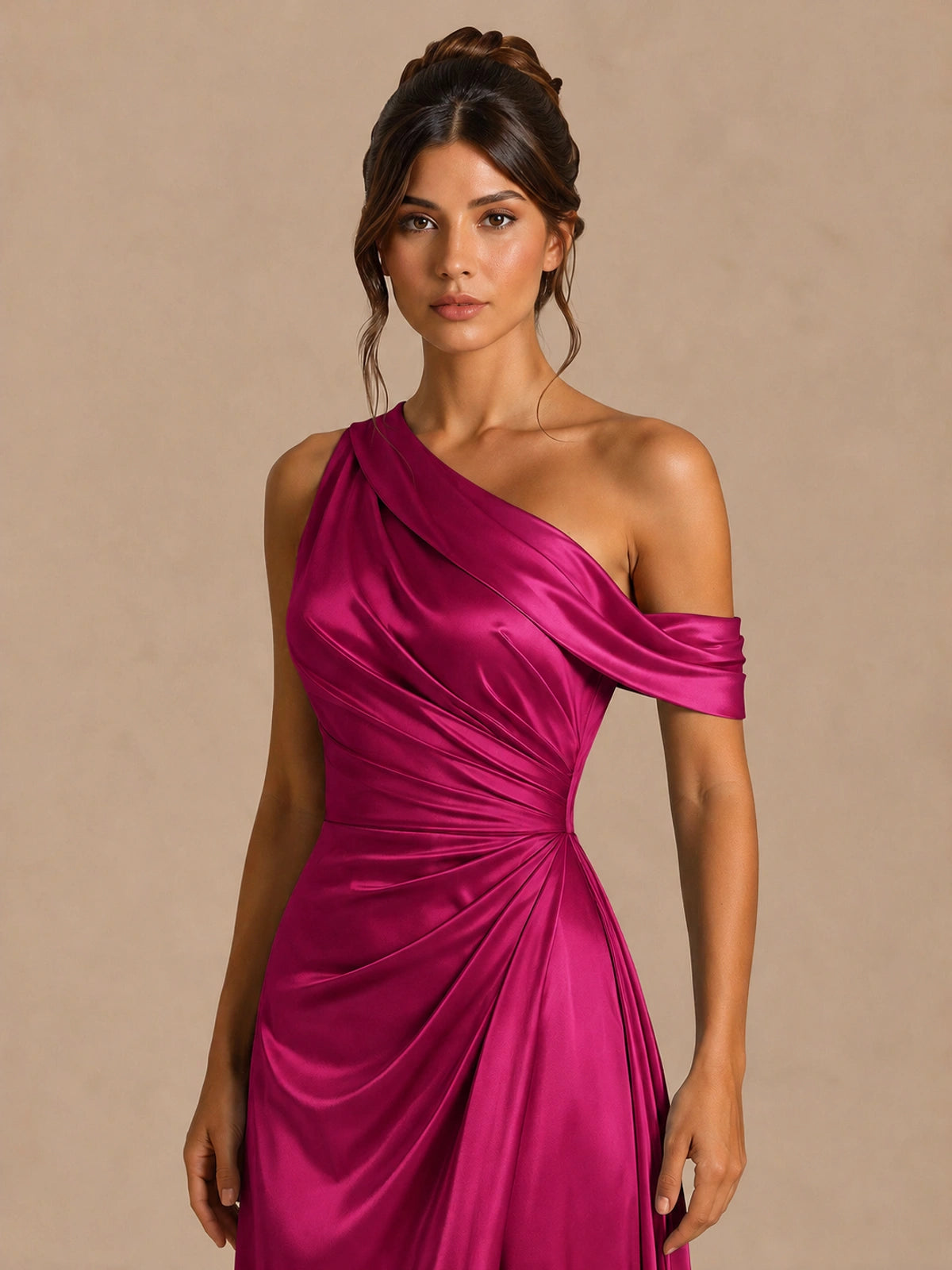 Satin One Shoulder Prom Dress Ruched Long Formal Evening Gown