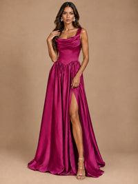 Cowl Neck Pleated Satin Prom Dress with Pockets & Slit Maxi Formal Gowns