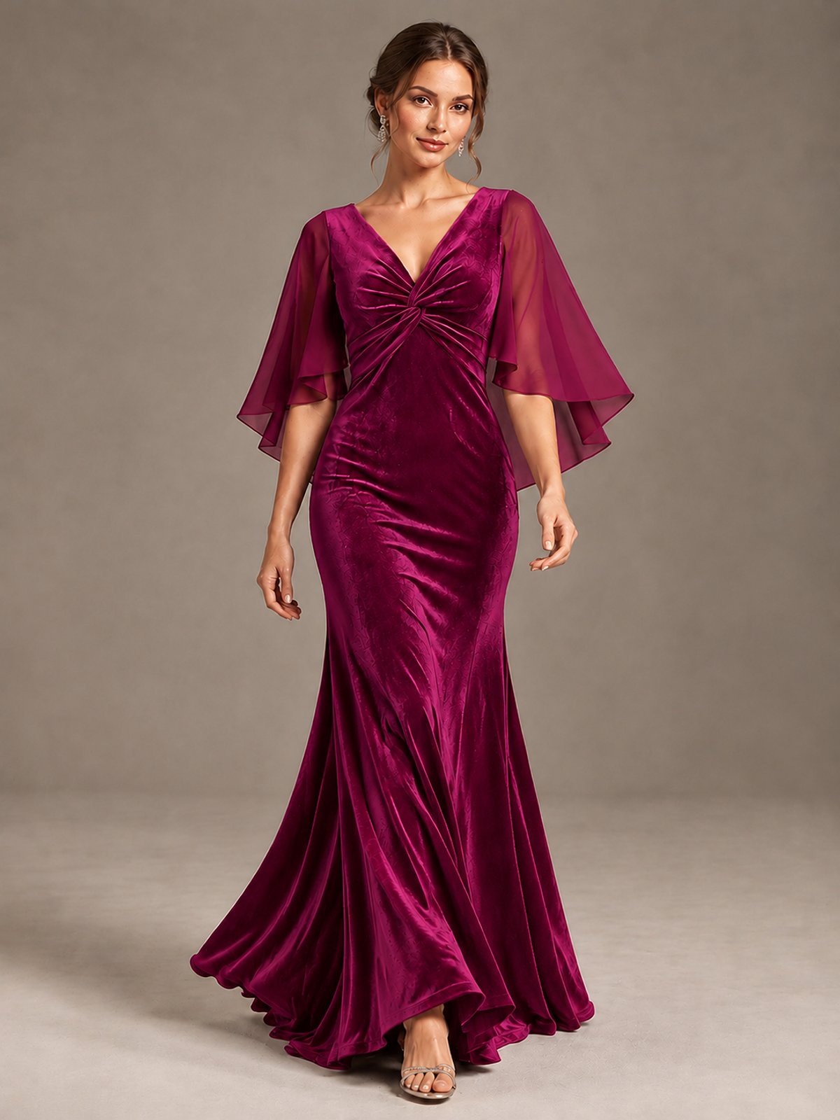 Navy Blue Velvet V Neck Mermaid Formal Dress with Flutter Cape Sleeves