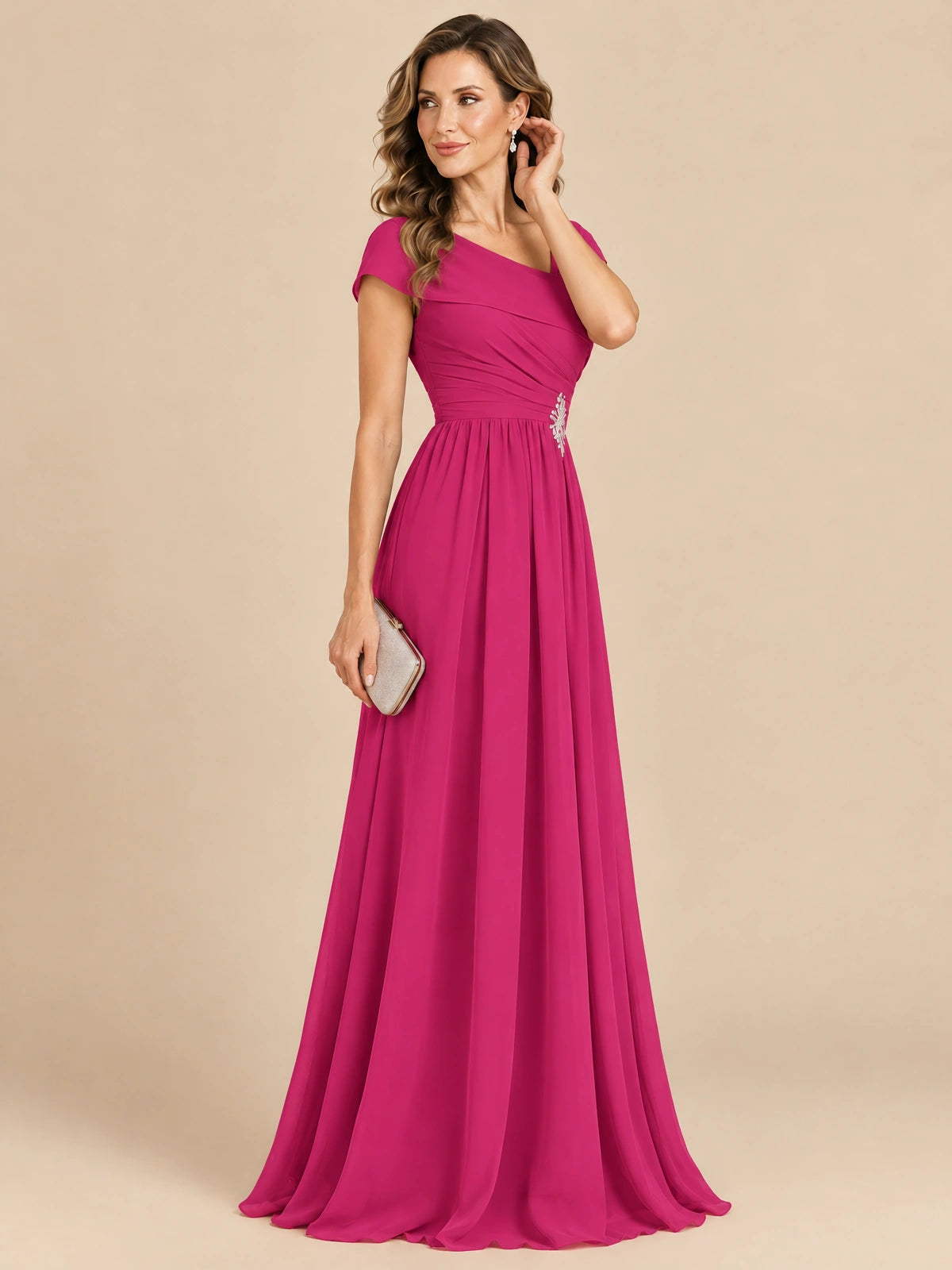 Cap Sleeve Mother of The Bride Dresses Long Chiffon Formal Gowns