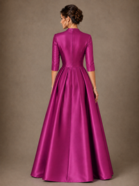 V-Neck Pleated Satin Mother of the Bride Gown with 3/4 Sleeves