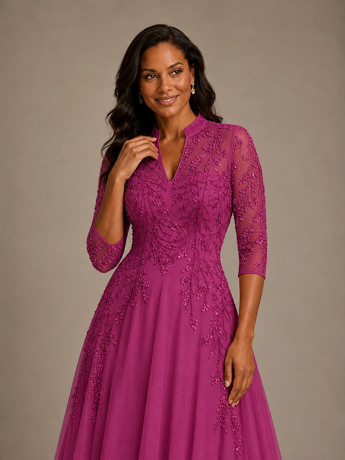 Embellished Appliques Mother of the Bride Dress with 3/4 Sleeves