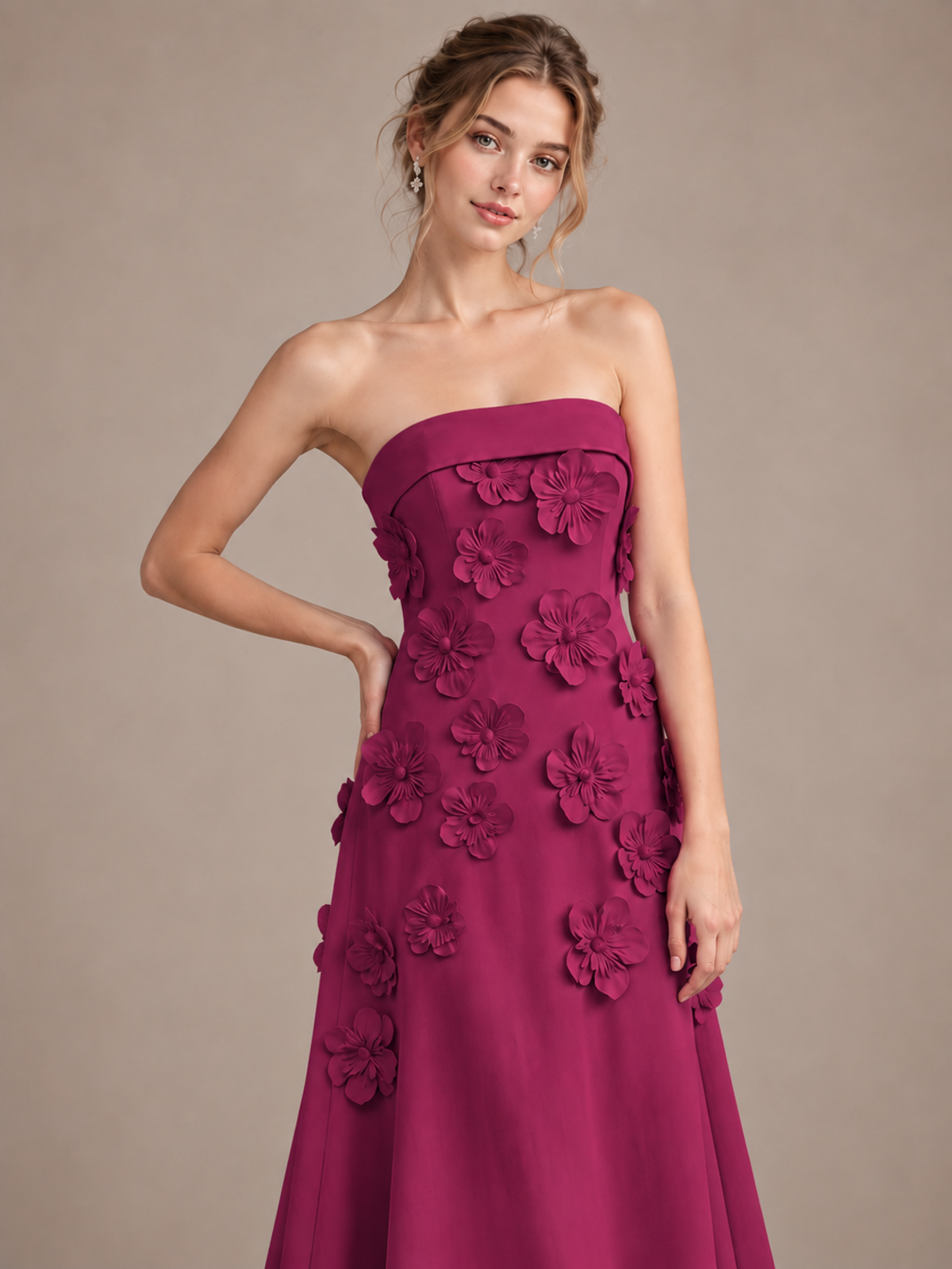 Yellow Strapless 3D Floral Appliques Maxi Dress