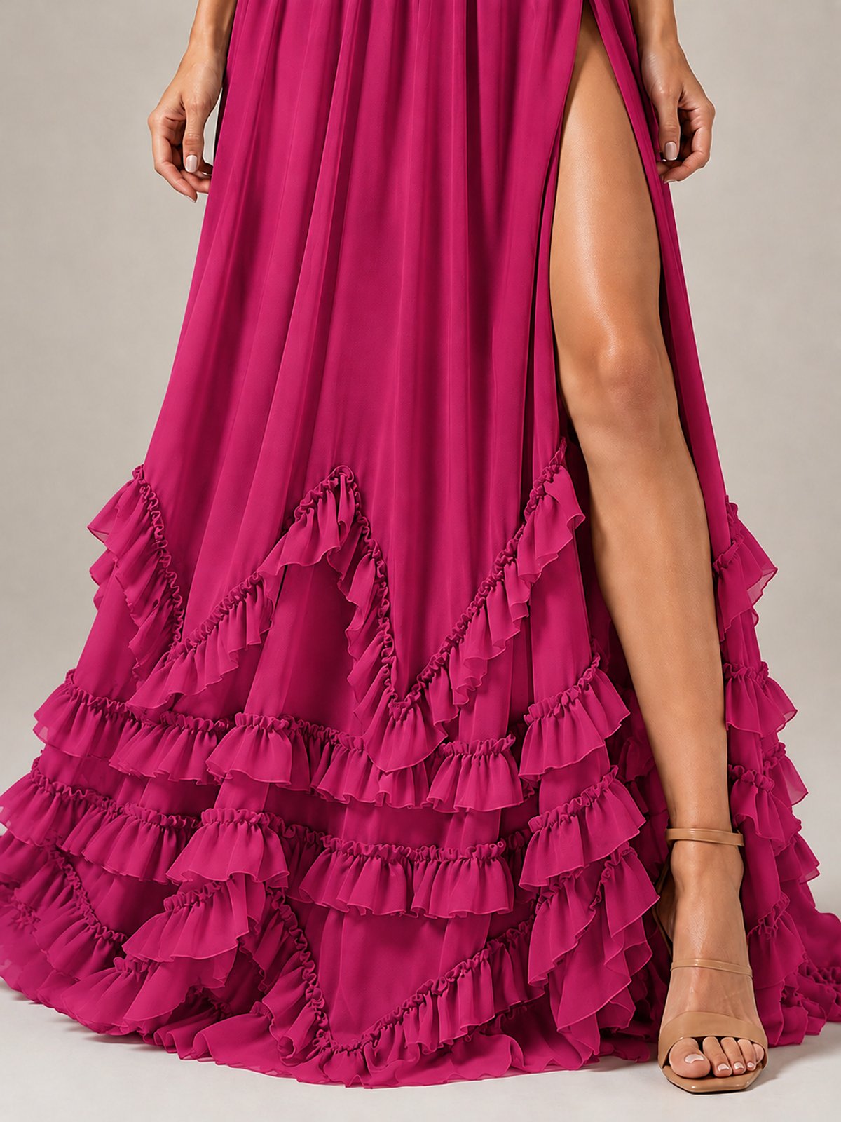 Halter V Neck Chiffon Formal Dress with Lace-Up Back and Ruffle Hem