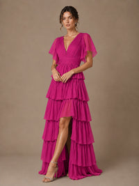 Chiffon V-Neck Tiered Ruffle Bridesmaid Dress with Slit