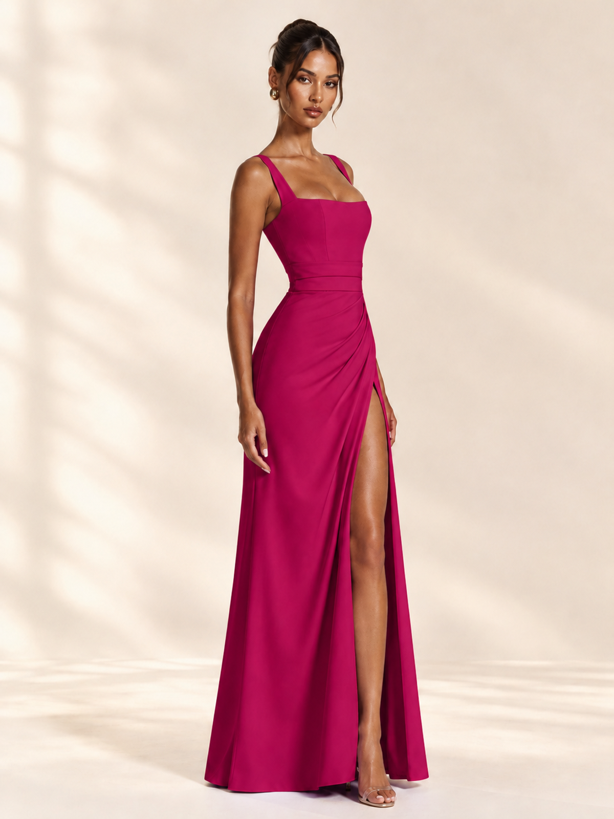 Square Neck Satin Sleeveless Ruched Prom Dress with High Slit