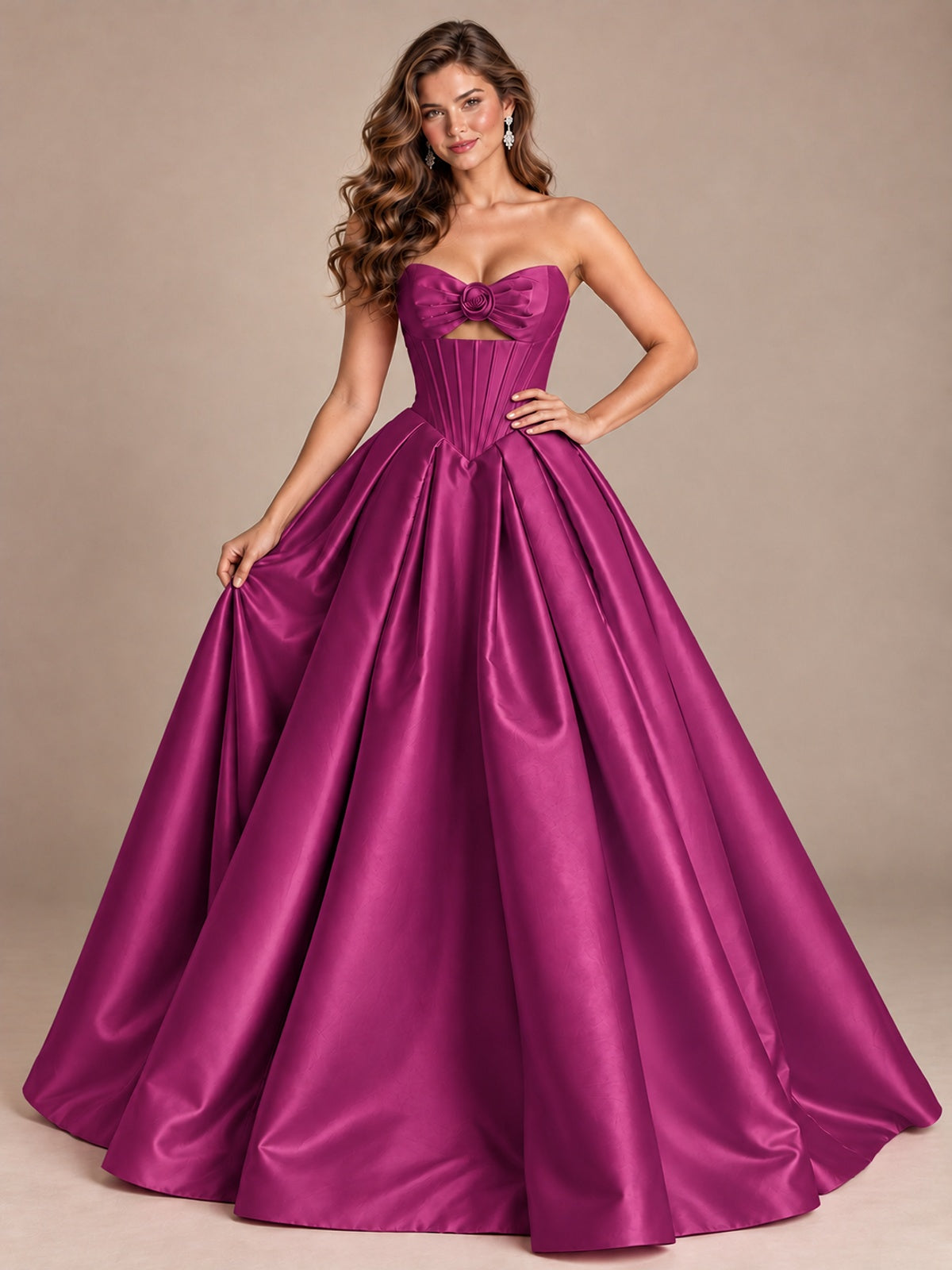 Pink Strapless Corset Satin Prom Derss & Ball Gown with 3D Floral