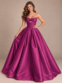 Pink Strapless Corset Satin Prom Derss & Ball Gown with 3D Floral