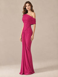 Elegant Draped Off Shoulder Ruched Mermaid Chiffon Formal Evening Gown