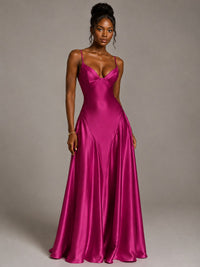Lavender V Neck Satin Prom Dress with Spaghetti Straps