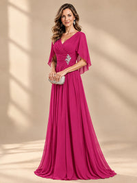Ruched V Neck Mother of The Bride Dresses with Shawls Appliques and Cap Sleeves