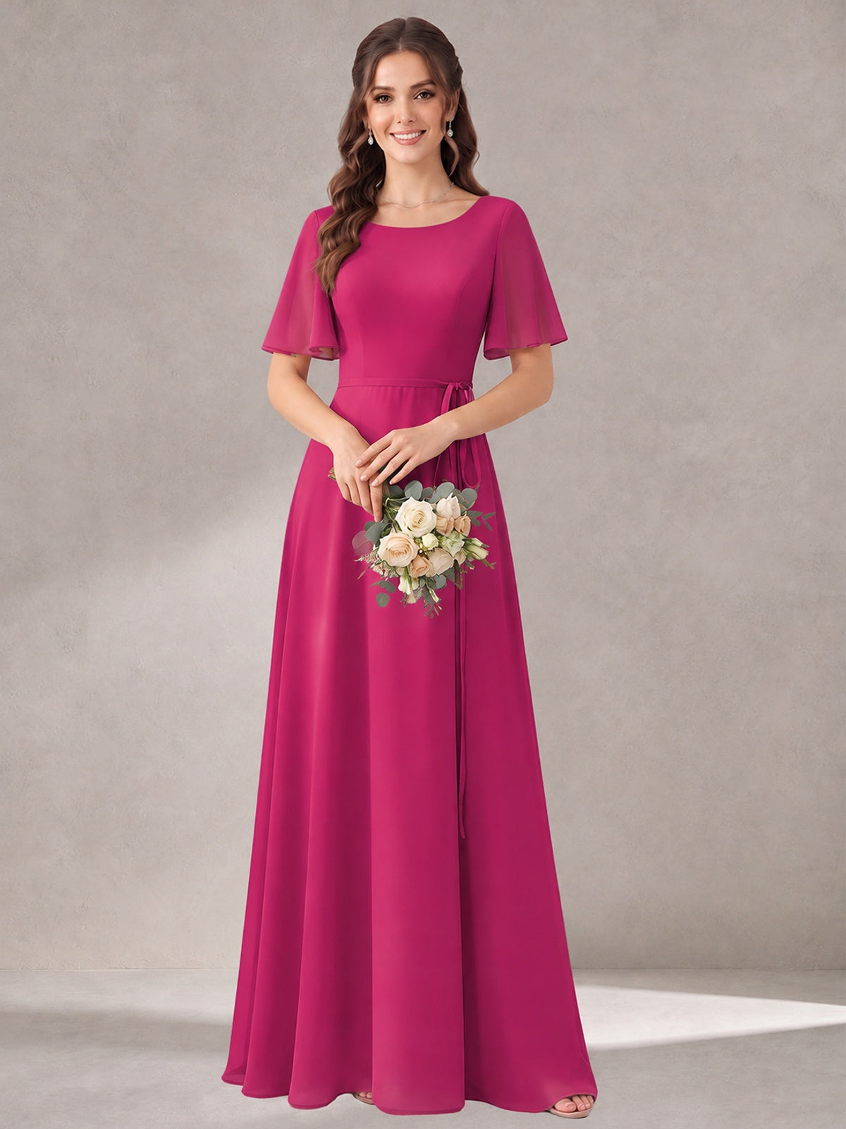 Scoop Neck A-line Chiffon Bridesmaid Dress with Flutter Sleeve & Belt