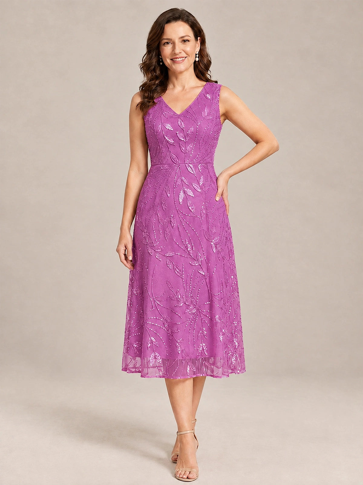 Tea Length Sequin Lace Mother of the Bride Dress with Chiffon Jacket