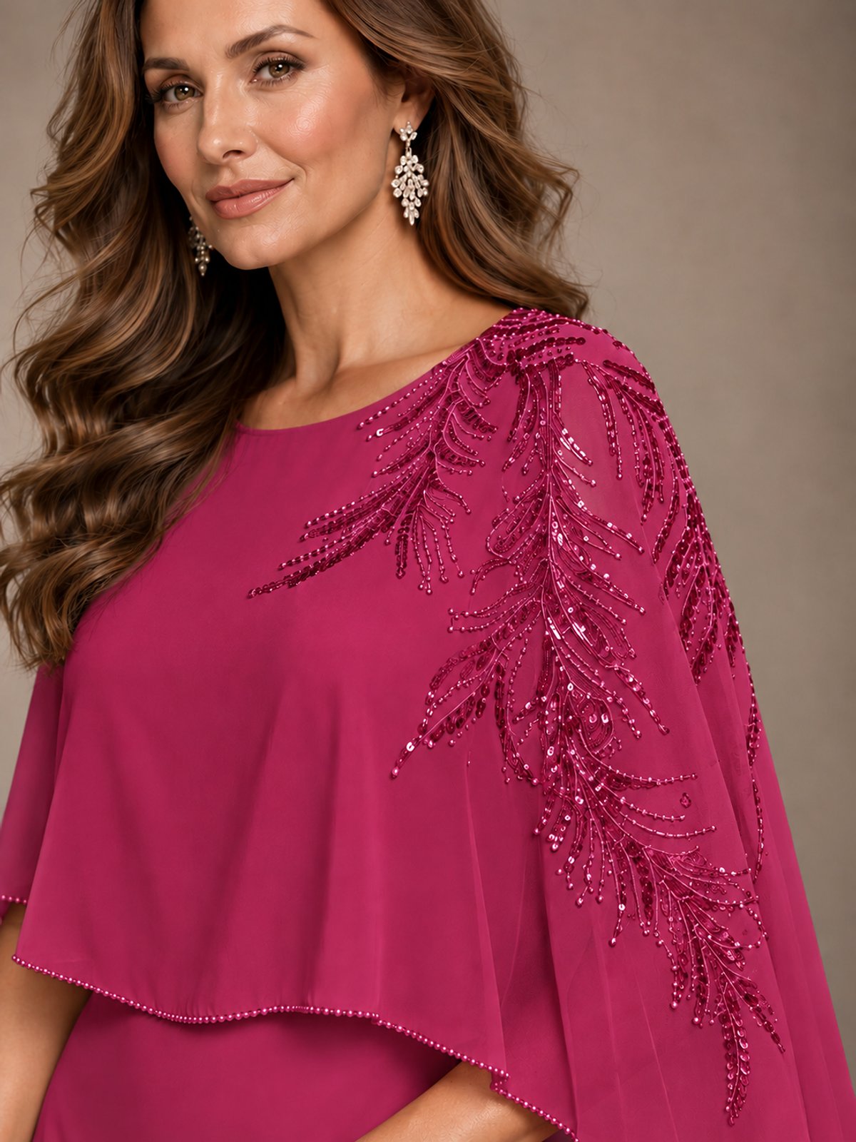 Elegant Chiffon Cape Sleeve Beaded Mother of the Bride Dress