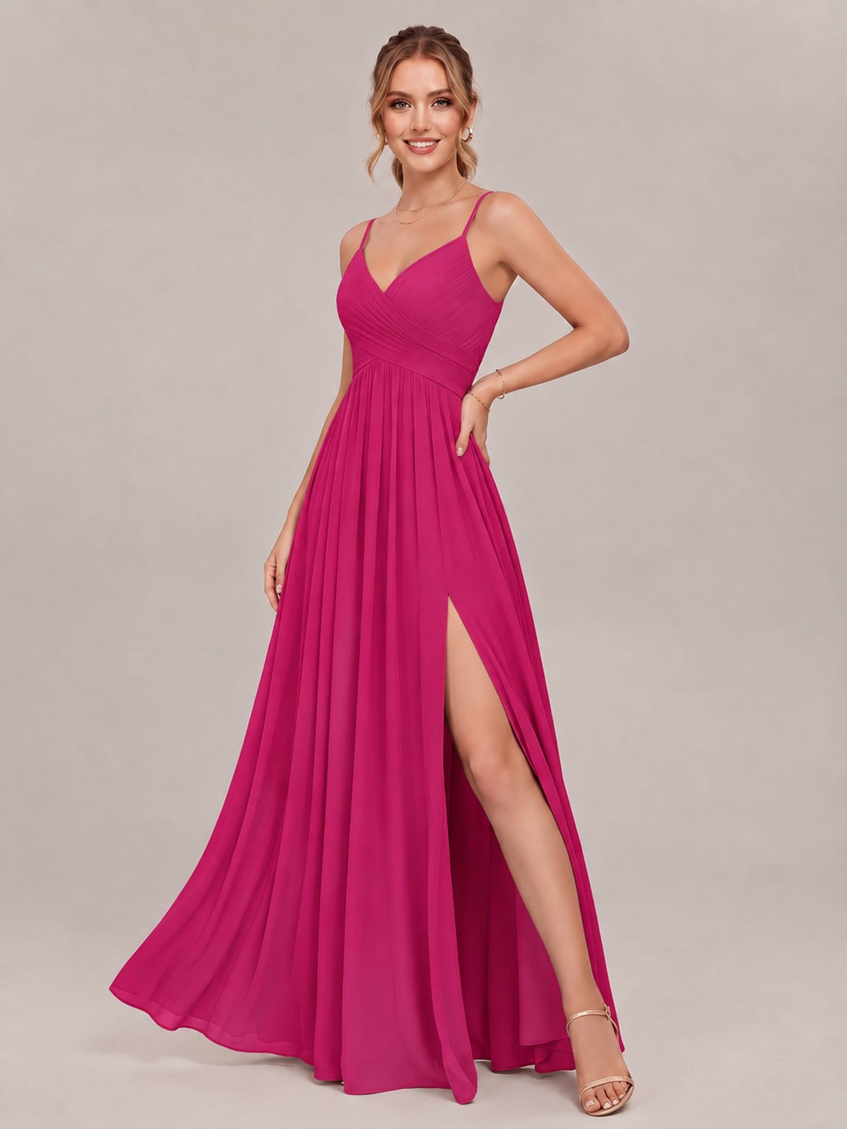 V-Neck Pleated Chiffon Long Bridesmaid Dress with Slit