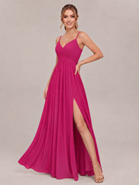 V-Neck Pleated Chiffon Long Bridesmaid Dress with Slit