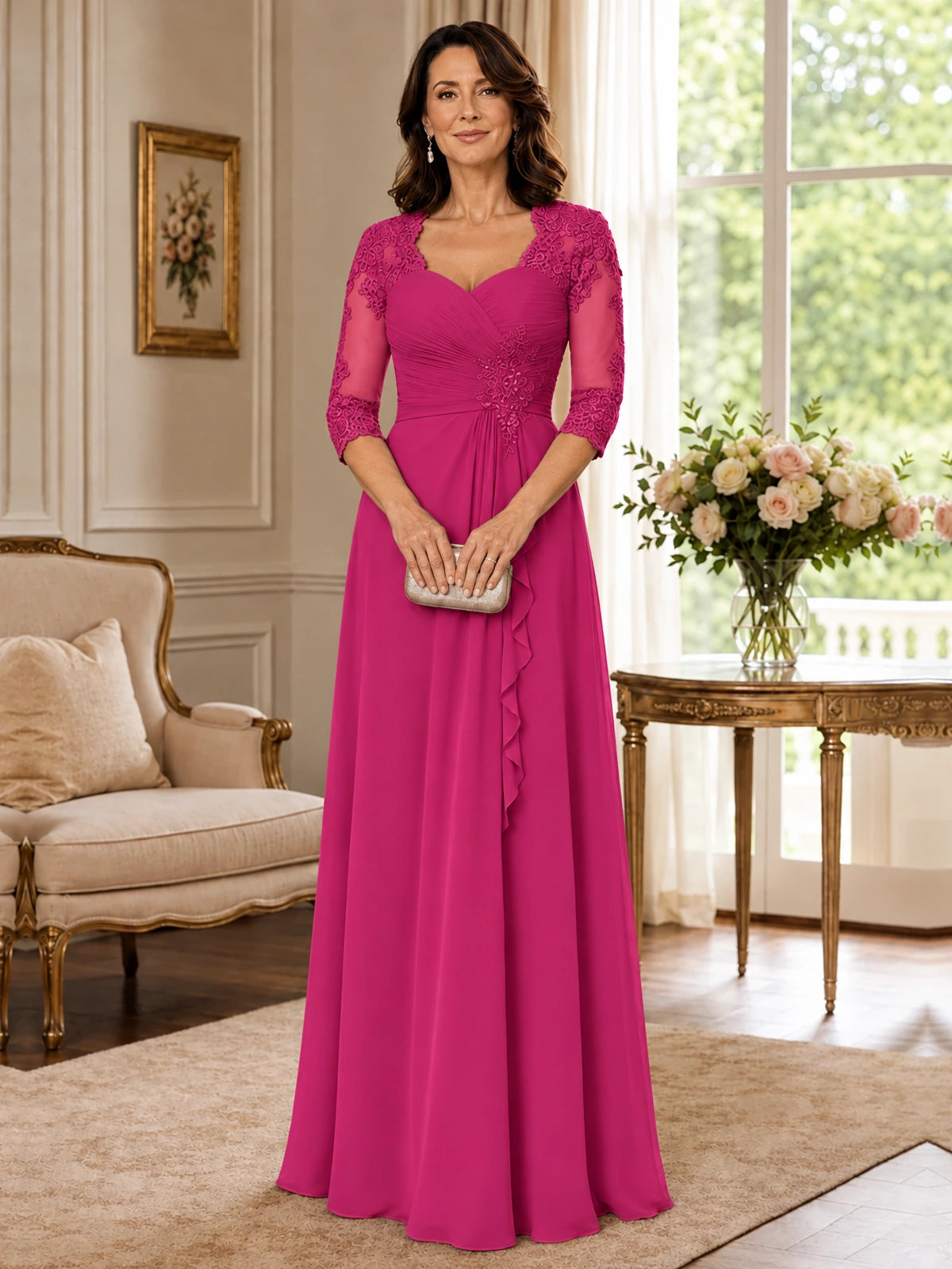 Chiffon Lace Applique Mother of the Bride Dress with 3/4 Sleeves