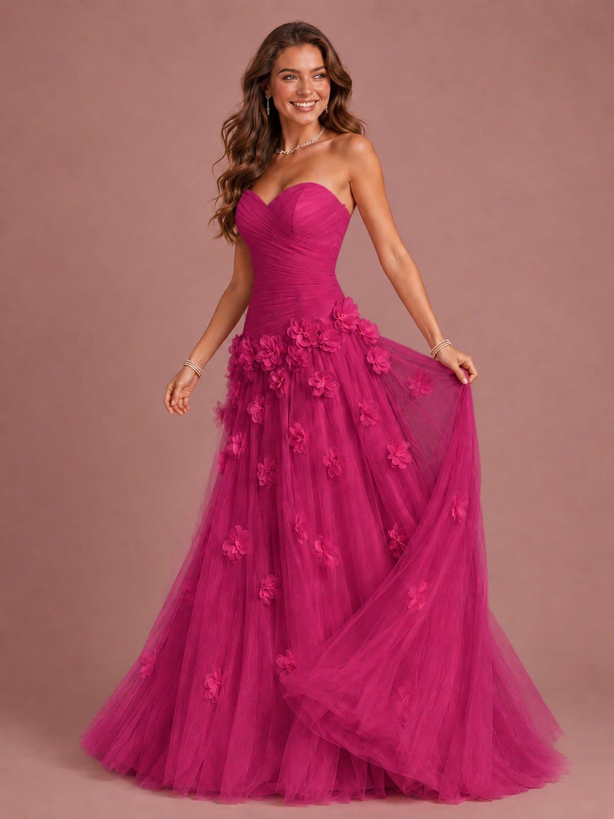 Blush Pink Strapless Sweetheart 3D Floral Tulle Ball Gown Prom Dres